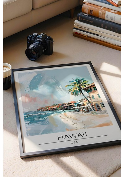Abd Hawaii Temalı Çerçeveli Tablo Travel Serisi Modern İllüstrasyon Tropikal Duvar Dekoru Siyah