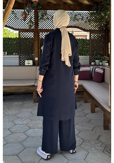 Rabia Şamlı İnci Pantolonlu Takım Lacivert Normal
