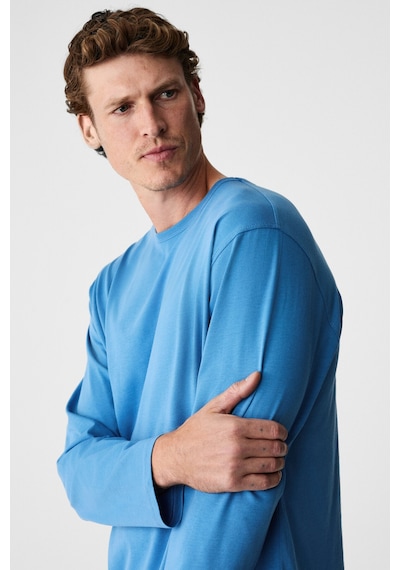 Grımelange Gravs Erkek %100 Pamuklu Yumuşak Kumaşlı Yuvarlak Yakalı Uzun Kollu Mavi T-shirt Mavi