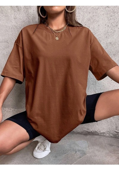 Düz Basic T-shirt - Kahverengi Oversize Bisiklet Yaka Kısa Kol Kahverengi