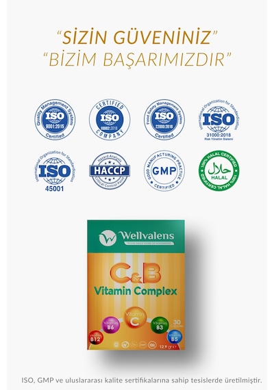 C & B Vitamin Kompleksi - 100 Mg C Vitamini, Biotin Ve B12 İçeren 30 Kapsül
