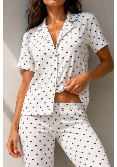 Kadın Klasik Doğal Düğme Gece Kar Beyaz Pijama Takımı