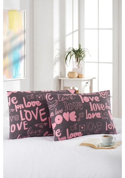 2'li Yastık Kılıfı Pamuklu 50x70 Cm Love Desen Pembe
