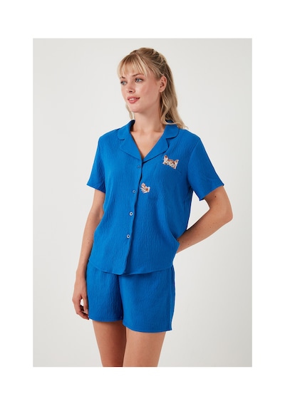Lela Gömlek Yaka Beli Lastikli Kısa Kollu Şortlu Bayan Pijama Takımı 611Pt00123 Mavi