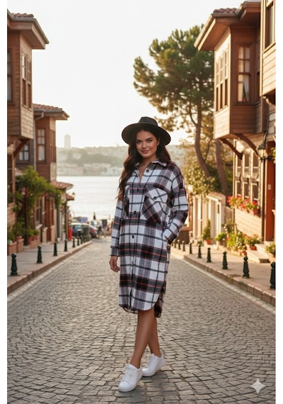 Polologin Butik Kadın Siyah-beyaz-kırmızı Kareli Uzun Oduncu Gömlek Elbise Siyah