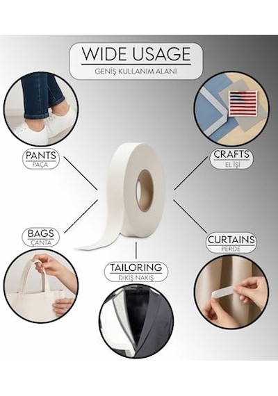 27kids Paça Telası - Çift Taraflı Yapışkan Tela - Şerit Tela - Amerikan Tela - Dikiş Nakış Telası Beyaz, 1.5 Cm X 100 M Açık Bej