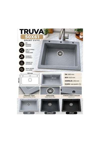 Granit Evye Truva Series Gri Renk En:500mm Boy :610 Mm Derinlik :195 Mm