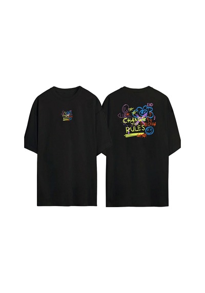 Thewert Unisex Change The Rules Ön Arka Baskılı Sıyah Oversize T-shirt Siyah