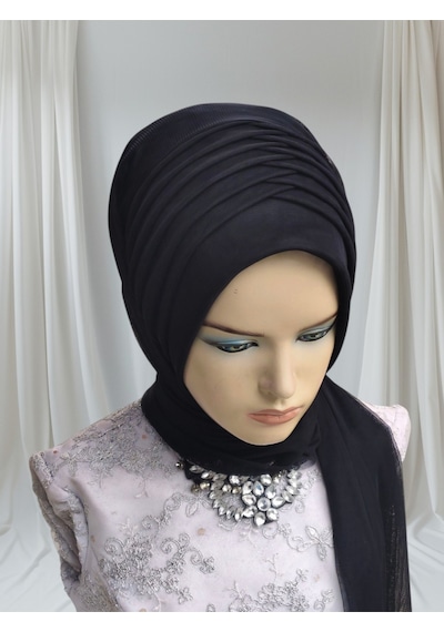 Siyah Esnek Kumaş Tek Tek Hazır Türban Hazır Duvak Hazır Şal Model