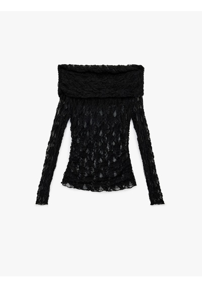 Koton Slim Fit Yarı Transparan Uzun Kollu Omzu Açık Dantel Bluz Siyah 6sak80151ek Siyah