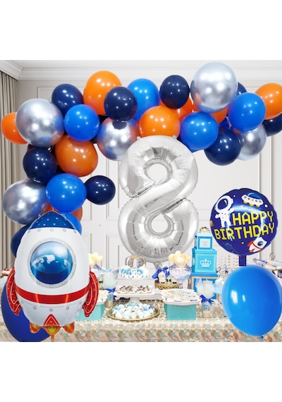 8 Yaş Uzay Temalı Doğum Günü Seti Uzay Mekiği Happy Birthday Yazı Renkli Balonlar Gümüş Folyo Rakam Çok Renkli