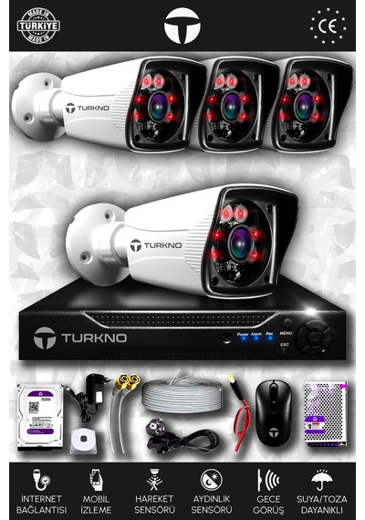 Turkno 4 Kameralı Karia 4 Dış Kamera Set 100 GB HDD Full HD Gece Görüşlü Güvenlik Kamerası Sistemi