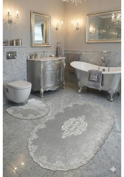 Milas Kaymaz Taban, Kadife Dantel Detaylı 2'li Süper Lüks Oval Banyo Paspası Seti, Gri, 60x100 Cm Çok Renkli