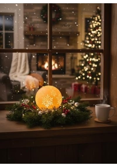 Christmas Serisi Kartopu Mumluk - Dekoratif Aydınlatma - Ev Dekorasyon - Dekoratif Beyaz Mumluk Beyaz Altın