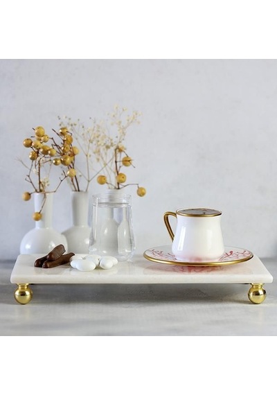 Akayev Mermer Beyaz 30x15 Cm Altın Boncuk Ayaklı Sunum Tabağı Çok Renkli