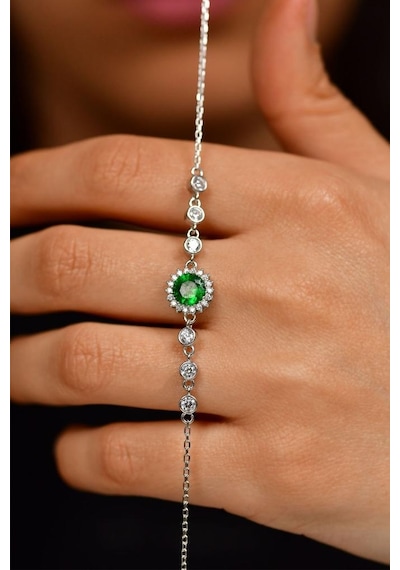 Roza Silver Zümrüt Taşlı Rodyum Yuvarlak Anturaj Gümüş Bileklik