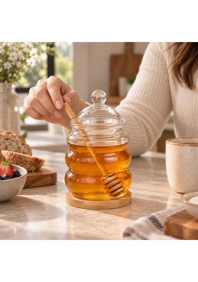 Kaşıklı Cam Bal Kavanozu 480 Ml, Cam Kapaklı, Bambu Bal Kaşığı Ve Bambu Altlık Dahil, Şeffaf Kahvaltılık Ballık Çok Renkli
