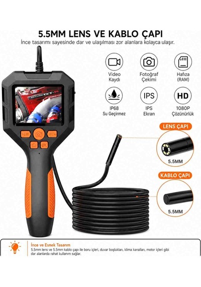 Yousee 5 Metre Ekranlı 5.5mm Sert Kablo Endoskopi Yılan Kamera Kayıtlı