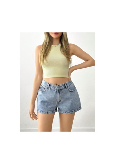 Kene Jeans Arka Tek Cep Nakışlı Kısa/mini Buz Kar Denim Şort Mavi