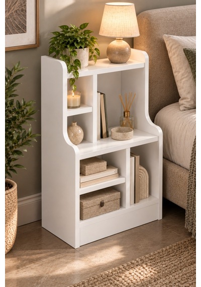 Sulorahome Komodin Raflı Kitaplık Çok Bölmeli Beyaz Yan Sehpa Organizer