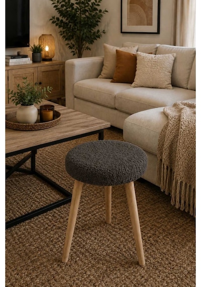 Solo Teddy Kumaş Kaplı Tabure Puf Makyaj Masası Mutfak Balkon Salon Ahşap Ayaklı Tabure Antrasit Gri