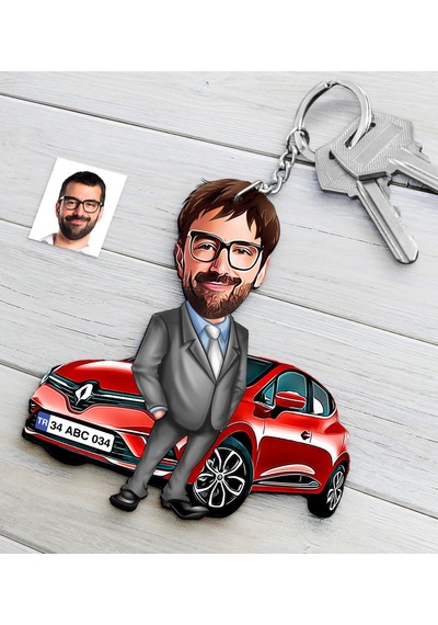 Kişiye Özel Bay Renault Clio Figürlü Plakalı Ahşap Karikatür Anah
