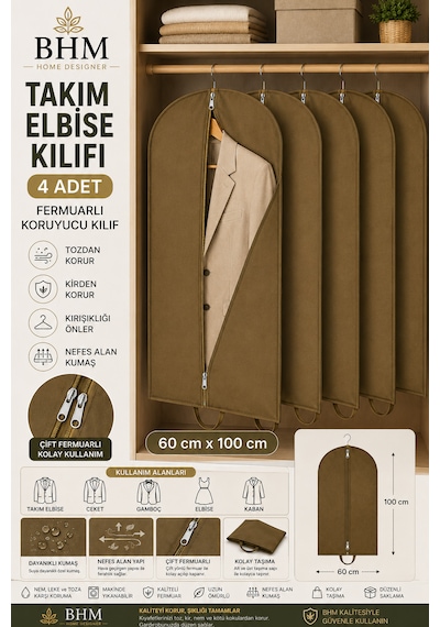4'lü Takım Elbise Kılıfı 60x100 Cm Çift Fermuarlı Gamboç Elbise Kılıfı Kıyafet Koruyucu Toz Geçirmez Dolap Düzenleyici Bej