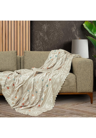 Latuda Concept Softmicro Boho Etnik Desenli Mikrofiber Koltuk Örtüsü Ve Şalı, Kaymaz Bej 180x300 Cm Genel