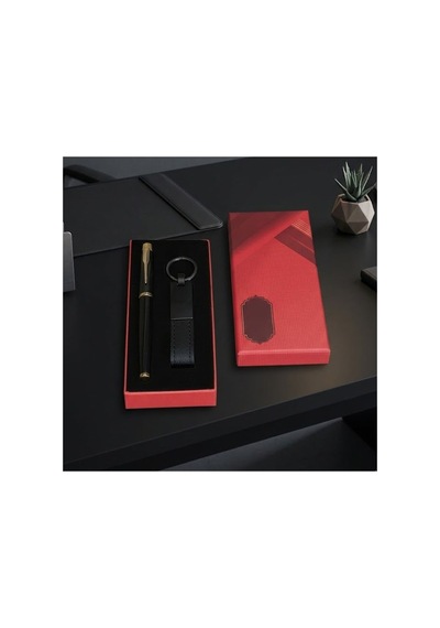 2 Adet Siyah Kalem Ve Anahtarlık Seti Kutulu Kişiye Özel Metal Roller Kalem Ve Deri Metal Anahtarlık  Seti Pen Keychain