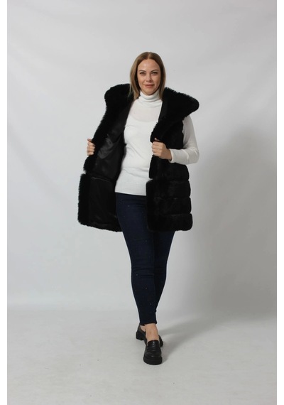 Moda Berray Etekten Kısalabilen Kapüşonlu Lüks Suni Kürk Yelek Siyah