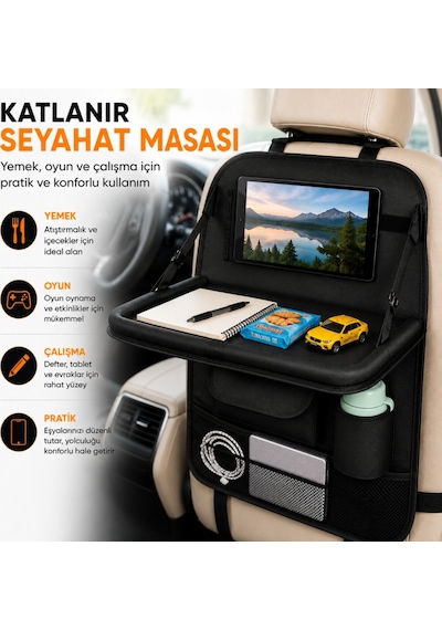 Polham Oto Koltuk Arkası Tablet Bölmeli Organizer, Katlanabilir Seyahat Masası, Çok Bölmeli Araç İçi Düzenleyici