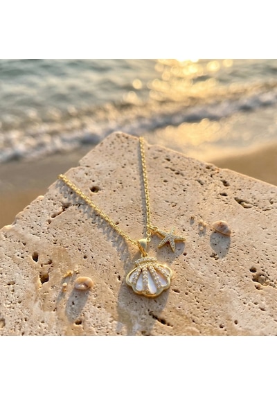 925 Ayar Gümüş Altın Kaplama Sedefli Midye Kabuğu Ve Deniz Yıldızı Kolye Gold