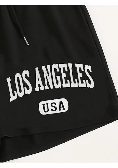 Letter Graphic Drawstring Şort Siyah