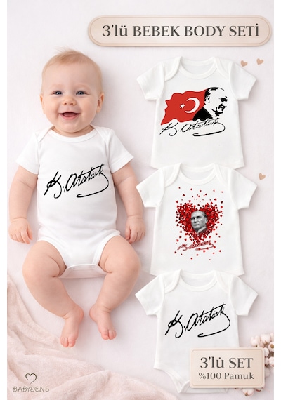 Babyden's Atatürk İmzalı 3 Lü Bebek Body Seti %100 Pamuk, Kısa Kollu,unisex Bebek Zıbın Beyaz