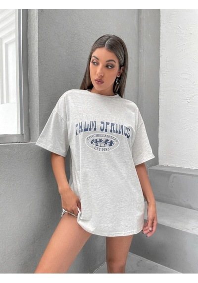 Palm Springs T-shirt - Gri Baskılı Oversize Bisiklet Yaka Kısa Kol Tişört Gri