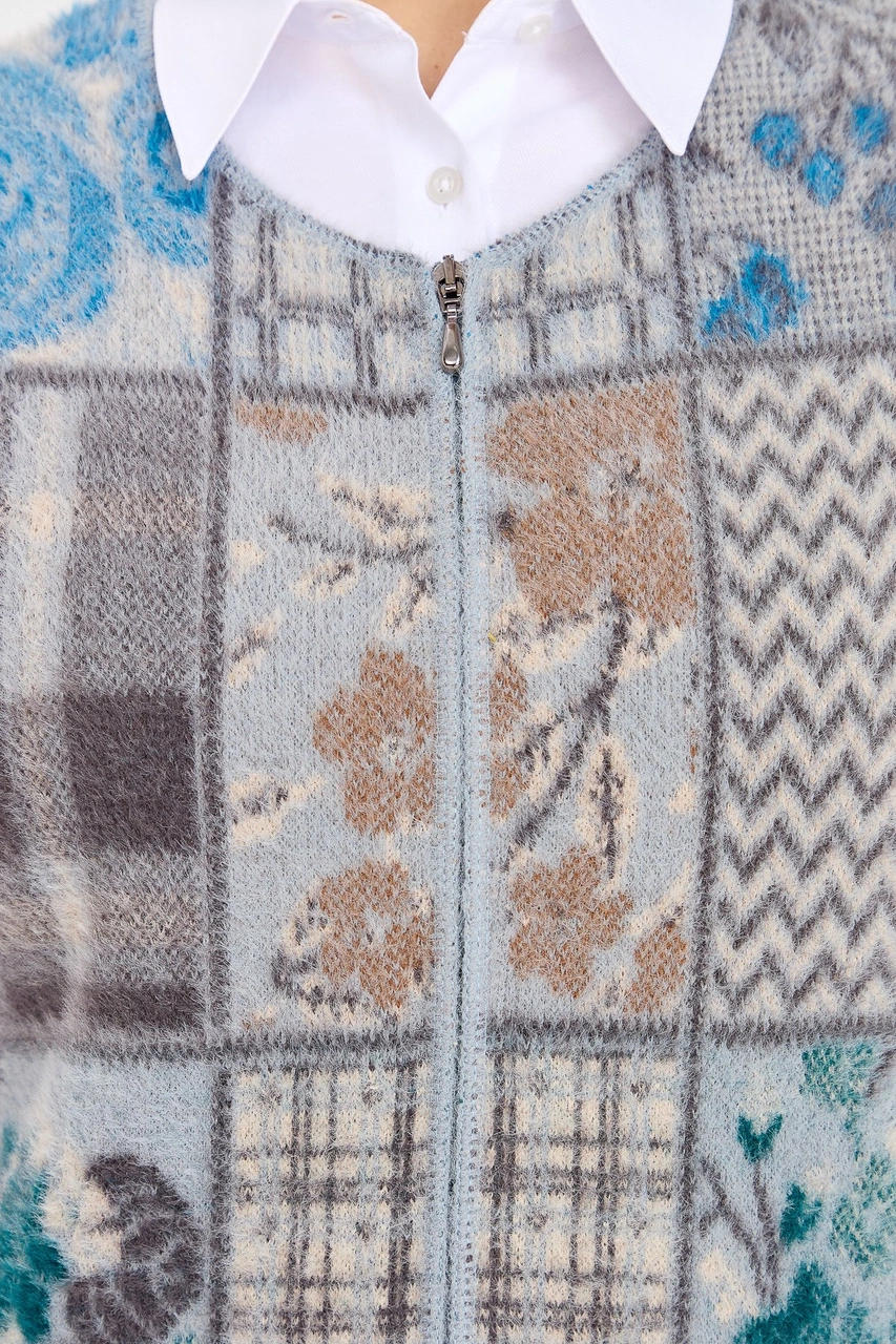 Desen Triko Kadın Sıfır Yaka Patchwork Yelek A.mavi A.mavi