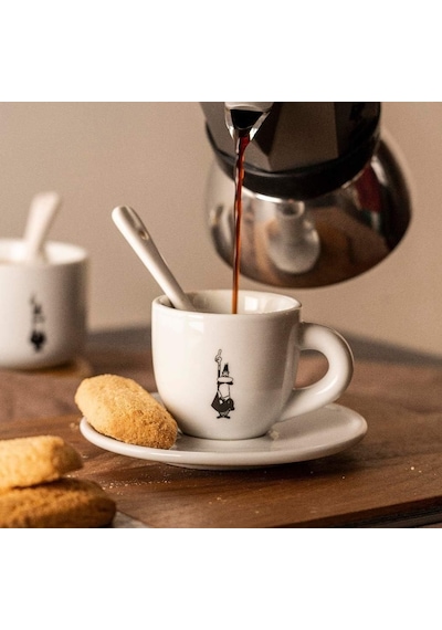 Moka Kahve Fincanı Ve Tabağı - 80ml - İkonik Bıyıklı Adam Desenli - Porselen çok renkli