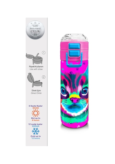 Coral High Kids Mor Pembe Kedi Desenli Pipetli Ve Direkt İçim Çelik Termos 500 Ml 31800 Pembe