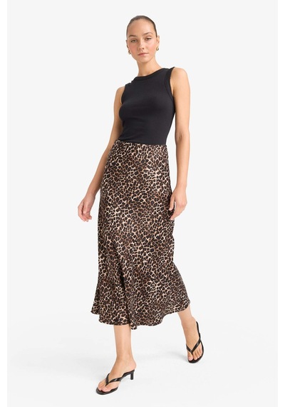 Defacto A Kesim Normal Bel Leopar Desenli Saten Midi Etek D7648ax25aubk27 Siyah