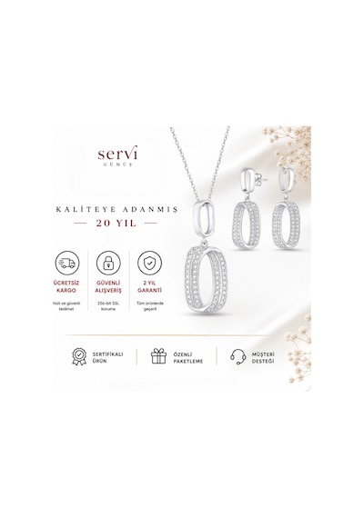 Servi 925 Ayar Gümüş Zirkon Taşlı Geometrik Halka Kolye Ve Küpe Seti-333