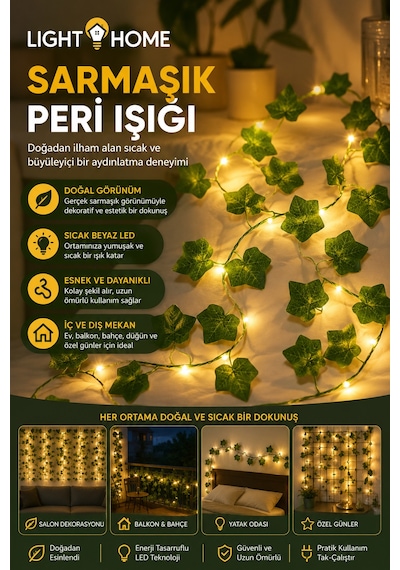 Yapay Sarmaşık Led Işık Dekoratif Işıklı Sarmaşık Led Oda Duvar Yatak Odası Parti Yılbaşı Dekoru 3 Metre 30 Led Sarı