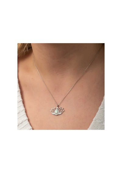 Gümüş Beyaz Opal Taşlı Lotus Kadın Kolye Gümüş Gümüş