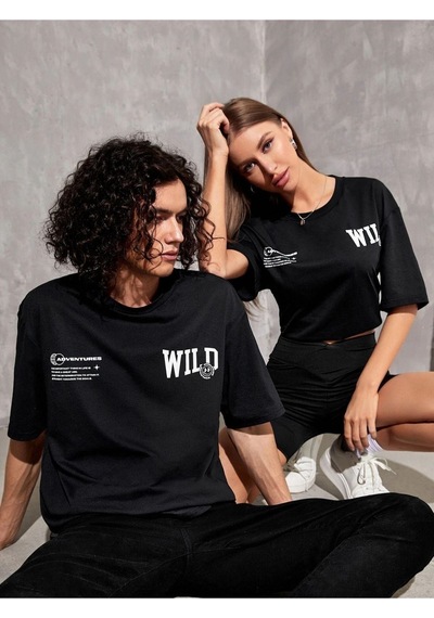 Altamira Unisex Siyah Wild Göğüs Baskılı Oversize Tshirt 001