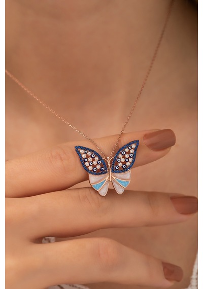 Mavi Taşlı Kelebek Kolye Bayan Gümüş Kolye Rose Gold