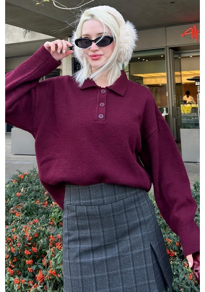 Madmext Bordo Düğmeli Polo Yaka Kadın Kazak Mg2307 Bordo