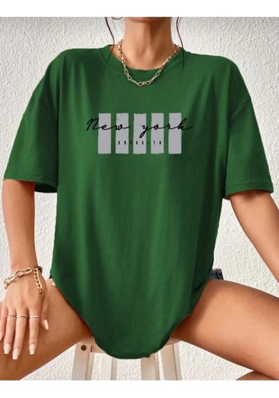 Kozia Outdoors Malkoçbey Newyork Broklıyn Baskılı Overisze Unisex Basic T-shirt Yeşil