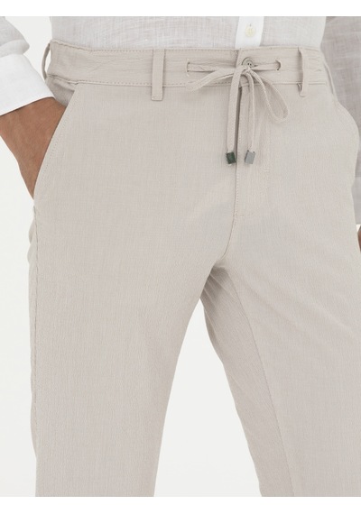 Cacharel Bej Slim Fit Beli Bağcıklı Kanvas Pantolon