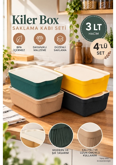Porsima 4515 Mix Still Box 4'lü Kapaklı Saklama Kabı Seti 3 Litre Çok Amaçlı Renkli Kiler, Buzdolabı Ve Dolap İçi Organizer Kutusu Çok Renkli