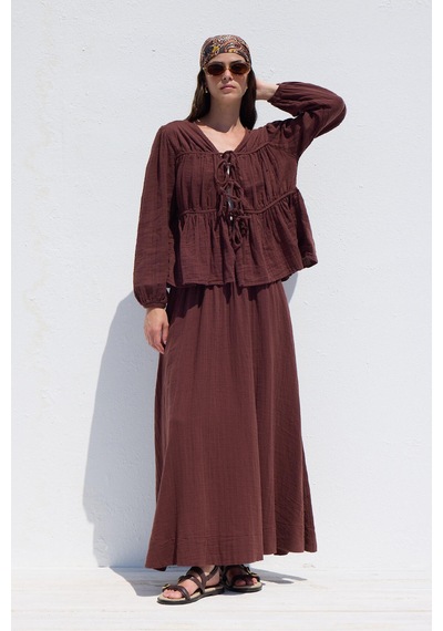Manuka Bağlama Detaylı Müslin Bluz Bordo
