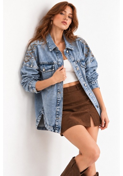 Saade Açık Mavi Etnik İşlemeli Oversize Denim Ceket